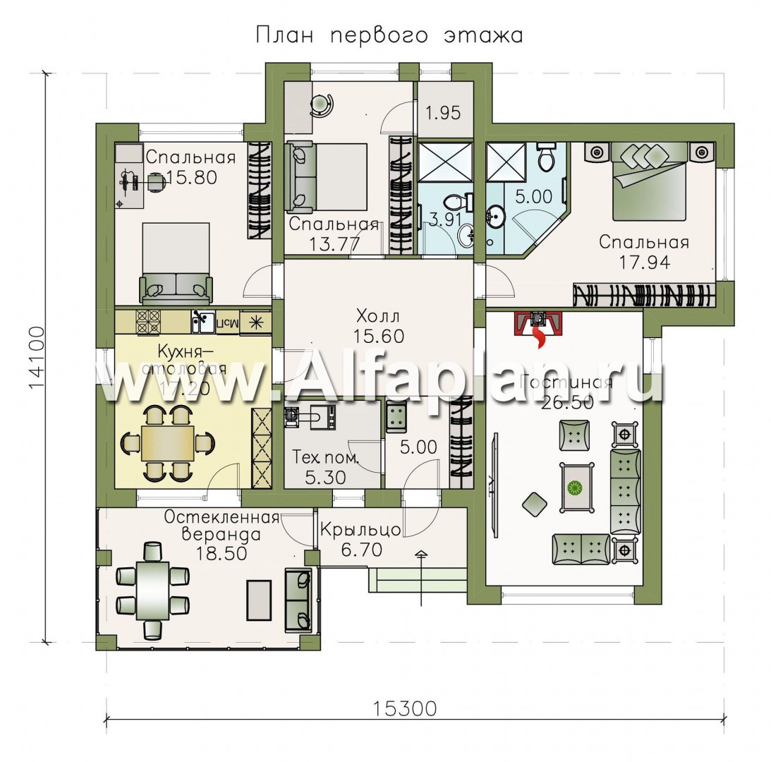 Проекты домов Альфаплан - «Аонида» - одноэтажный коттедж с остекленной верандой - план проекта №1