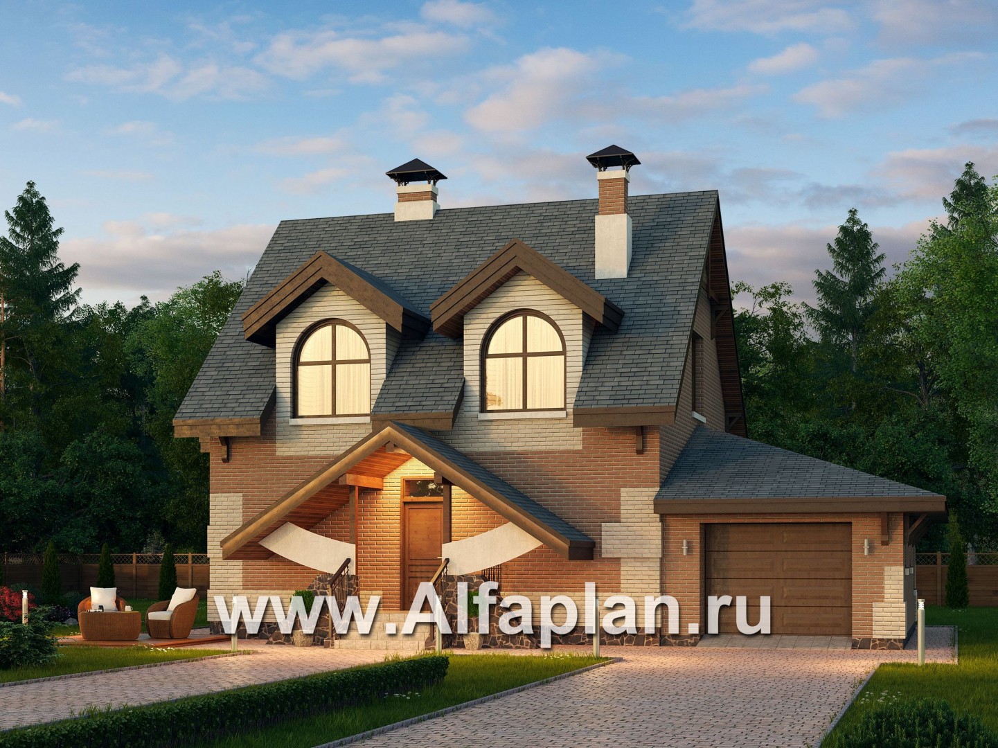 Проекты домов Альфаплан - «Улыбка» - компактный загородный дом с гаражом - основное изображение
