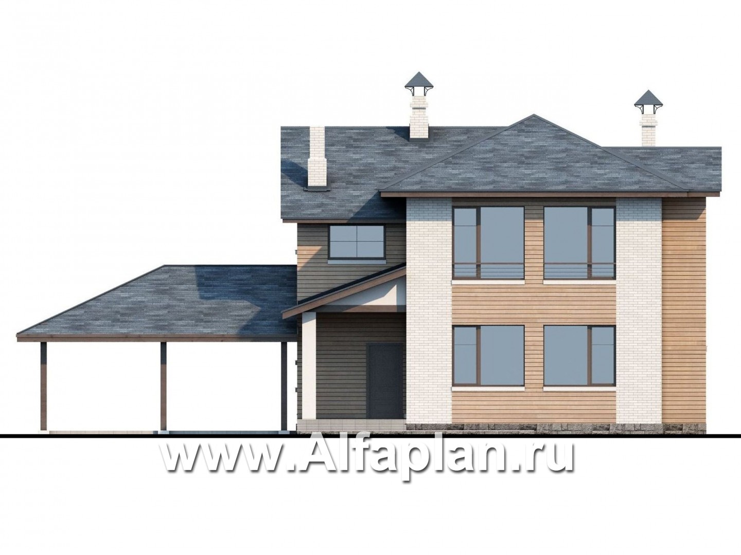 Проекты домов Альфаплан - «Безоблачный край» - коттедж с эркером и навесом для машин - изображение фасада №4