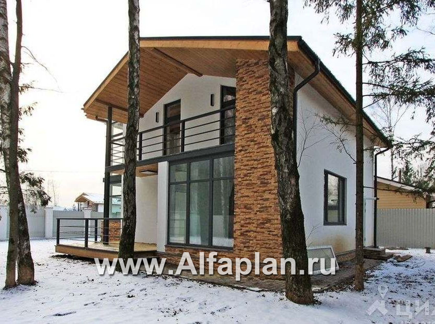 Проекты домов Альфаплан - Двухэтажный кирпичный коттедж с угловым витражом - дополнительное изображение №3