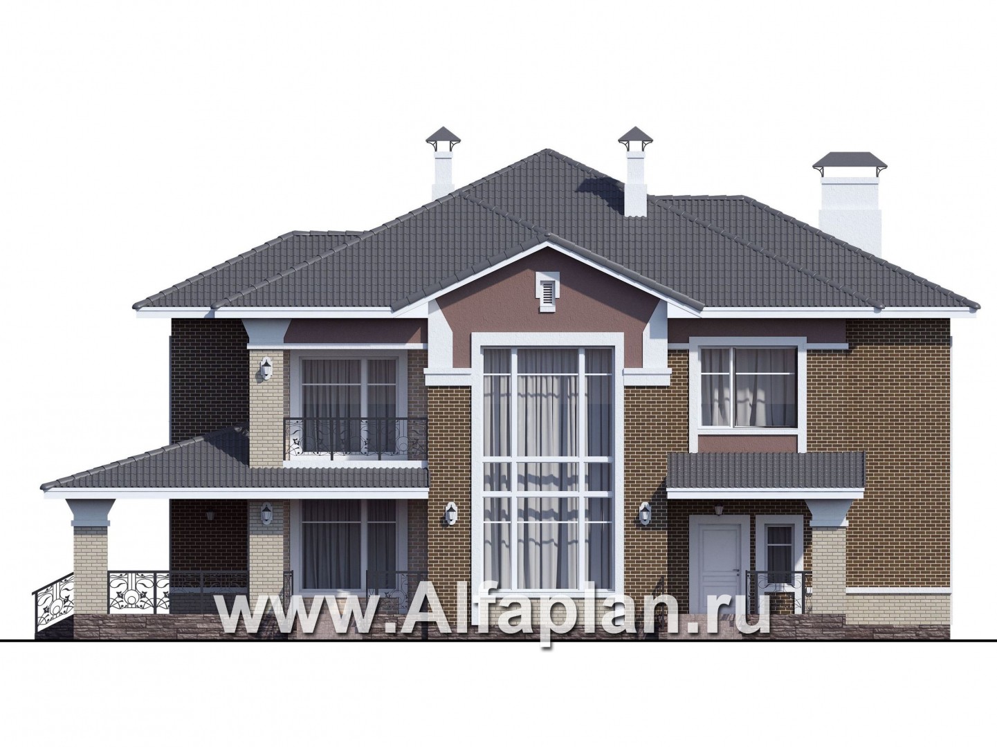 Проекты домов Альфаплан - «Арно» - проект двухэтажного дома, особняк с двусветной гостиной, с террасой и сауной, с бассейном - изображение фасада №1