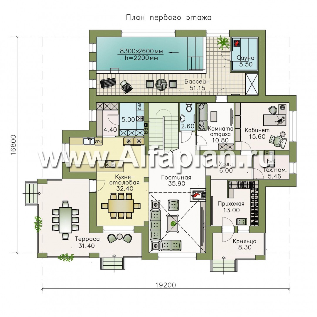 Проекты домов Альфаплан - «Арно» - классический особняк с двусветной столовой и бассейном - план проекта №1