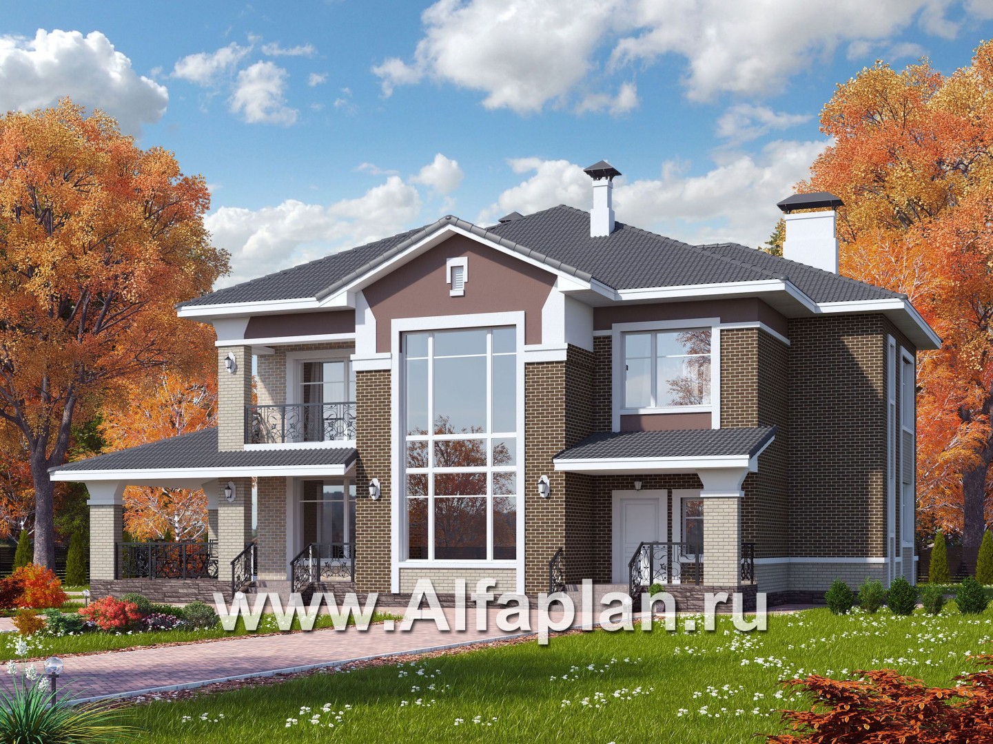 Проекты домов Альфаплан - «Арно» - проект двухэтажного дома, особняк с двусветной гостиной, с террасой и сауной, с бассейном - основное изображение