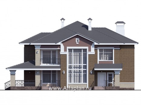 Проекты домов Альфаплан - «Арно» - проект двухэтажного дома, особняк с двусветной гостиной, с террасой и сауной, с бассейном - превью фасада №1