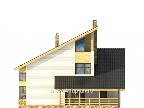 Проекты домов Альфаплан - Каркасный дом с террасой и навесом для машины - превью фасада №4