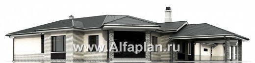 Проекты домов Альфаплан - «Модуль» — одноэтажный дом с бассейном и гостевой квартирой - превью фасада №1