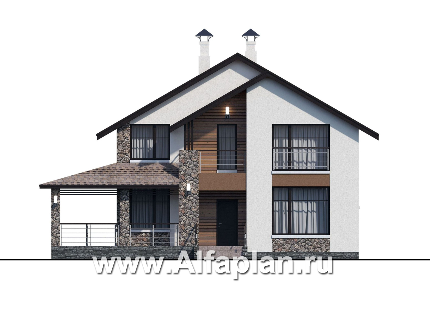 Проекты домов Альфаплан - Компактный дом с четырьмя спальными и угловой террасой - изображение фасада №1
