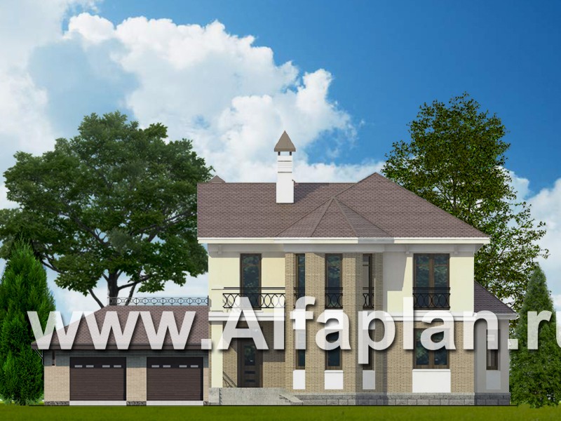 Проекты домов Альфаплан - «Классический»- двухэтажный особняк с эркером и гаражом на два автомобиля - основное изображение