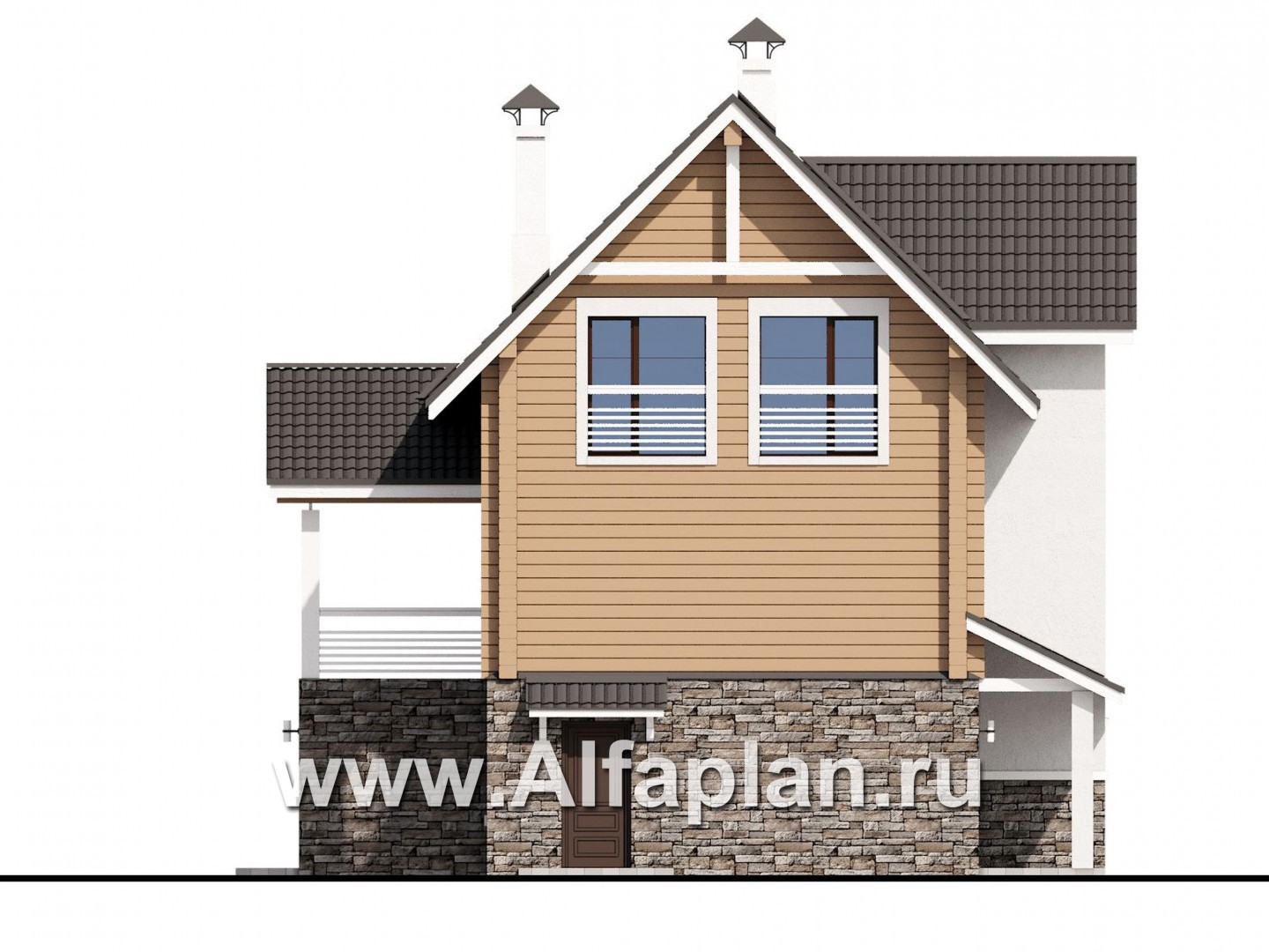 Проекты домов Альфаплан - «АльфаВУД» - проект дома с мансардой, из дерева, на цоколе из кирпича, с гаражом - изображение фасада №3