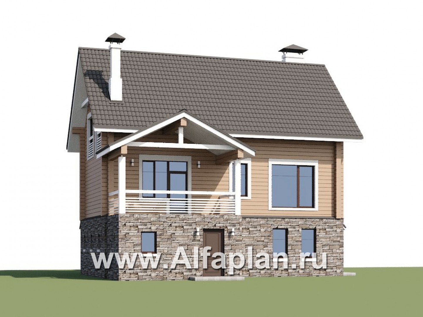 Проекты домов Альфаплан - «АльфаВУД» - проект дома с мансардой, из дерева, на цоколе из кирпича, с гаражом - дополнительное изображение №1