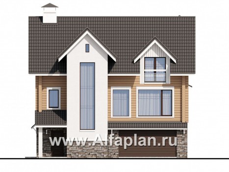 Проекты домов Альфаплан - «АльфаВУД» - проект дома с мансардой, из дерева, на цоколе из кирпича, с гаражом - превью фасада №1