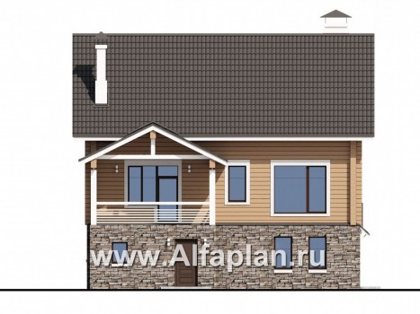 Проекты домов Альфаплан - «АльфаВУД» - проект дома с мансардой, из дерева, на цоколе из кирпича, с гаражом - превью фасада №4