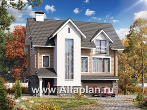 Проекты домов Альфаплан - «АльфаВУД» - проект дома с мансардой, из дерева, на цоколе из кирпича, с гаражом - превью основного изображения