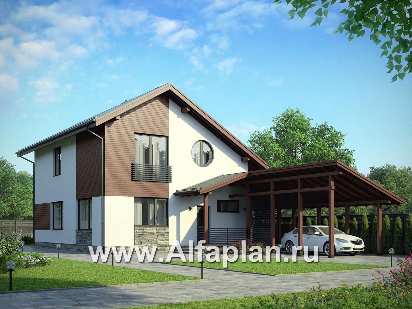 Проекты домов Альфаплан - Экономичный и компактный дом с навесом для авто - основное изображение