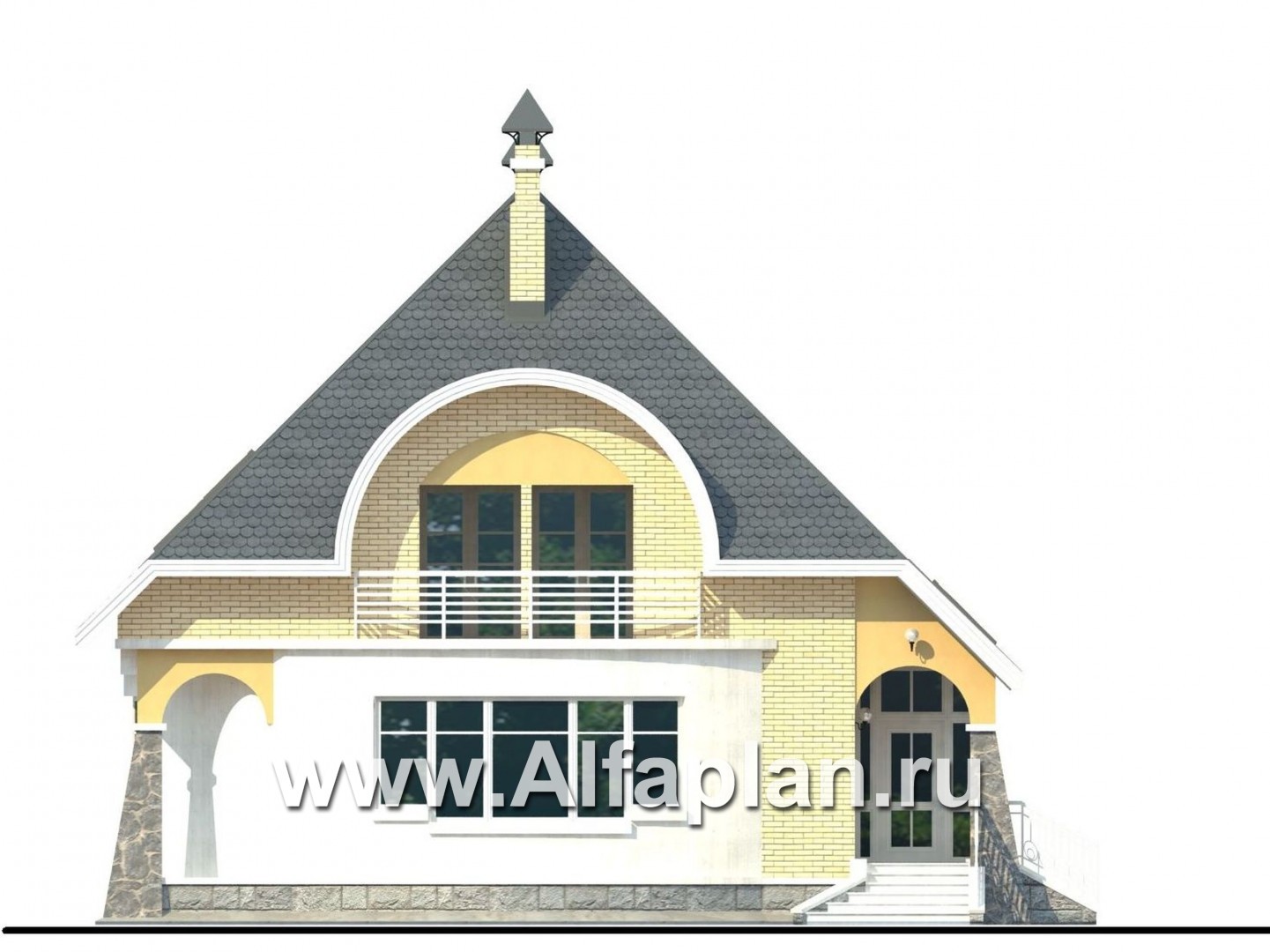 Проекты домов Альфаплан - «Свой остров» - коттедж с полукруглой гостиной и мансардными окнами - изображение фасада №1