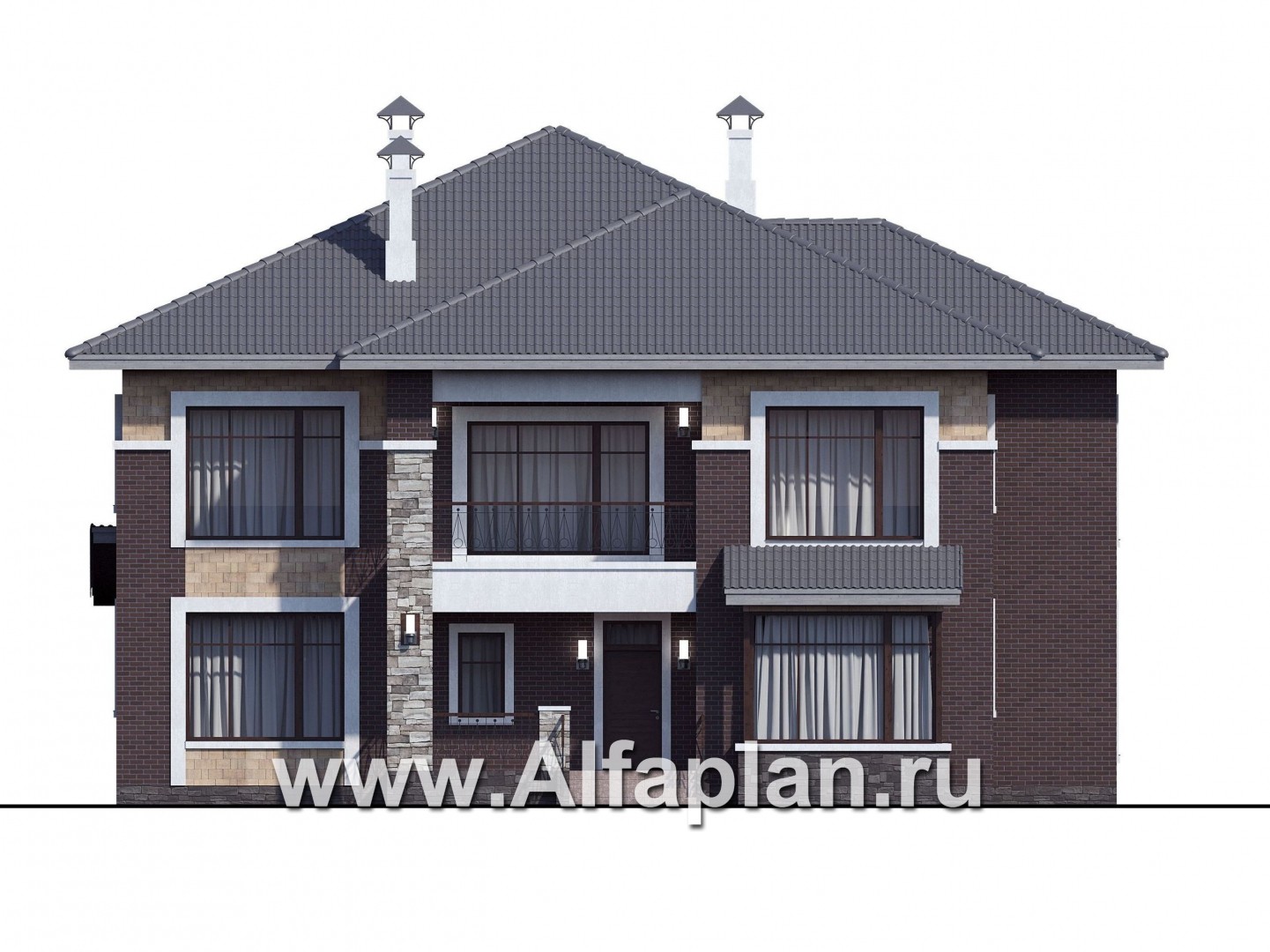 Проекты домов Альфаплан - «Висла» — проект двухэтажного дома, особняк с двусветной столовой, с террасой - изображение фасада №1