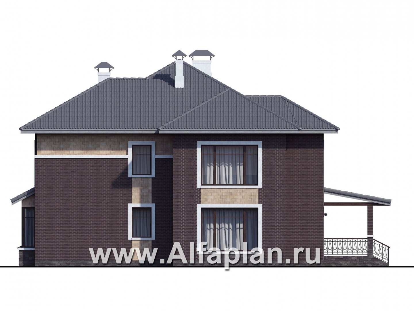 Проекты домов Альфаплан - «Висла» — проект двухэтажного дома, особняк с двусветной столовой, с террасой - изображение фасада №2