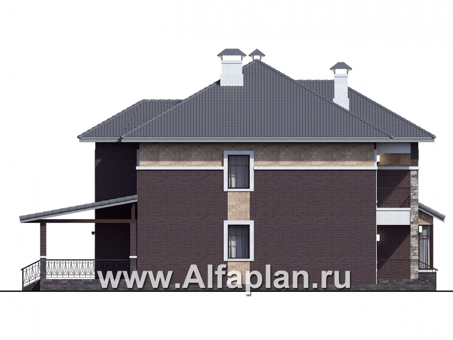 Проекты домов Альфаплан - «Висла» — проект двухэтажного дома, особняк с двусветной столовой, с террасой - изображение фасада №3