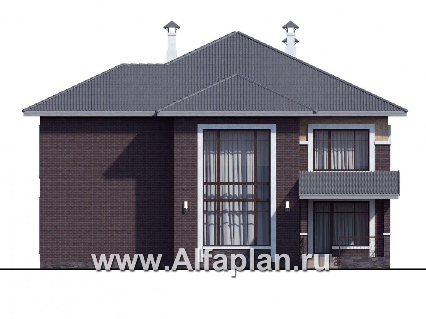 Проекты домов Альфаплан - «Висла» — проект двухэтажного дома, особняк с двусветной столовой, с террасой - изображение фасада №4