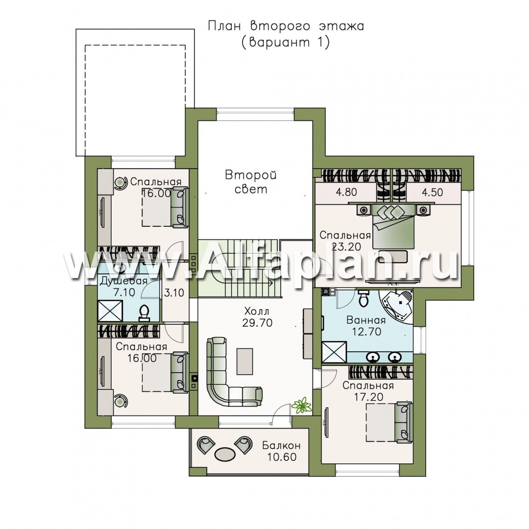 Проекты домов Альфаплан - «Висла» — проект двухэтажного дома, особняк с двусветной столовой, с террасой - план проекта №2