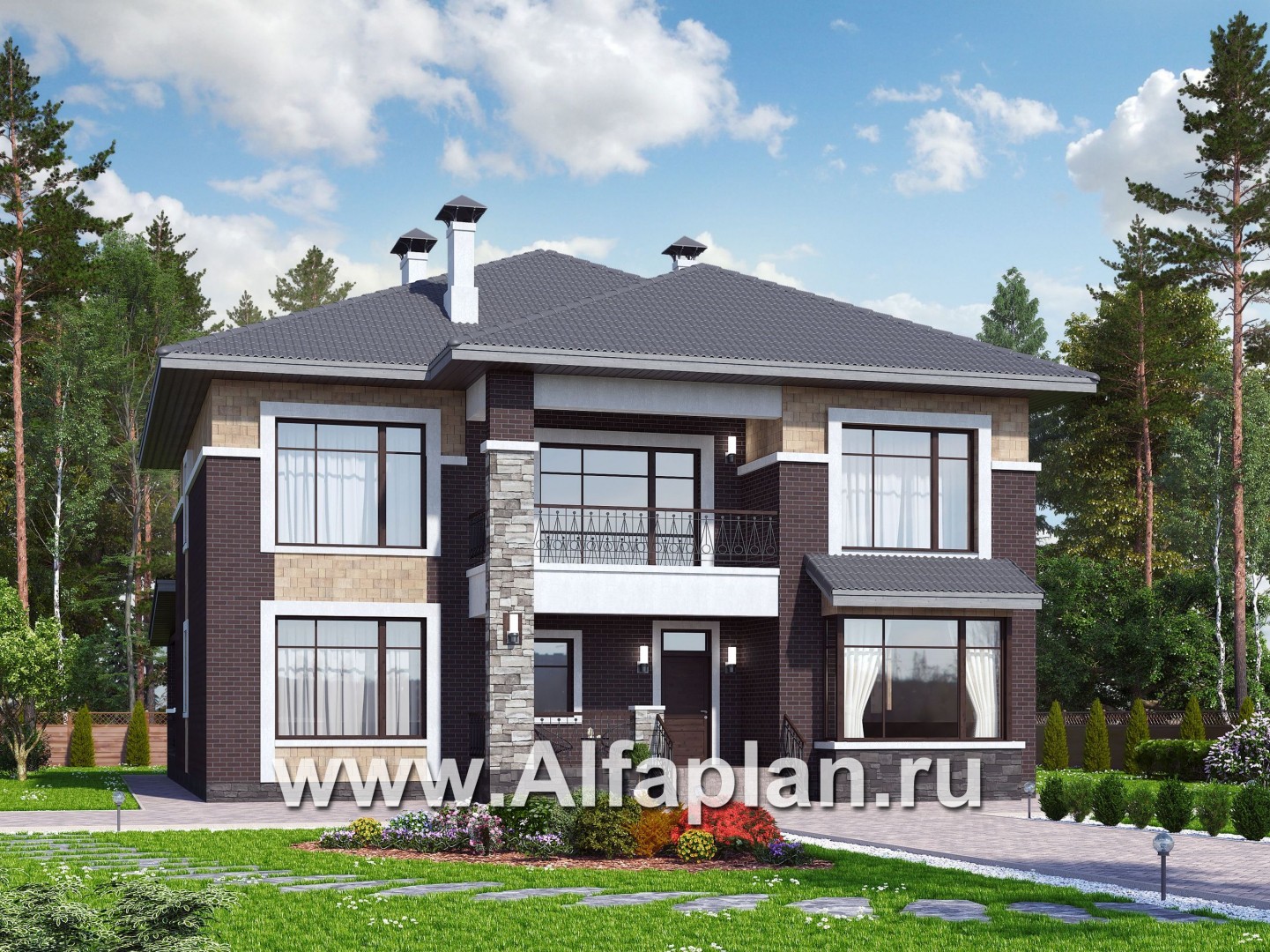 Проекты домов Альфаплан - «Висла» — проект двухэтажного дома, особняк с двусветной столовой, с террасой - основное изображение