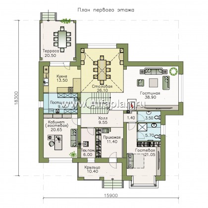 Проекты домов Альфаплан - «Висла» — проект двухэтажного дома, особняк с двусветной столовой, с террасой - превью плана проекта №1
