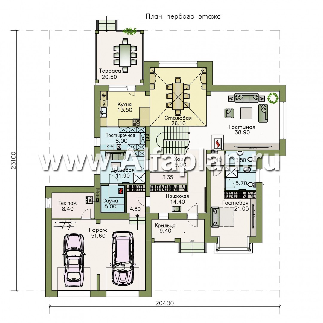 Проекты домов Альфаплан - «Висла» — особняк с двусветной столовой и гаражом на два автомобиля - изображение плана проекта №1