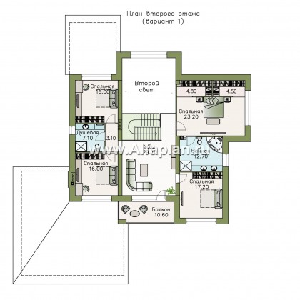 Проекты домов Альфаплан - «Висла» — особняк с двусветной столовой и гаражом на два автомобиля - превью плана проекта №2