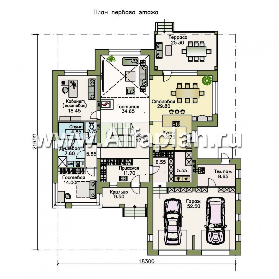 Проекты домов Альфаплан - «Эльба» — современная вилла с угловым остеклением и гаражом - план проекта №1