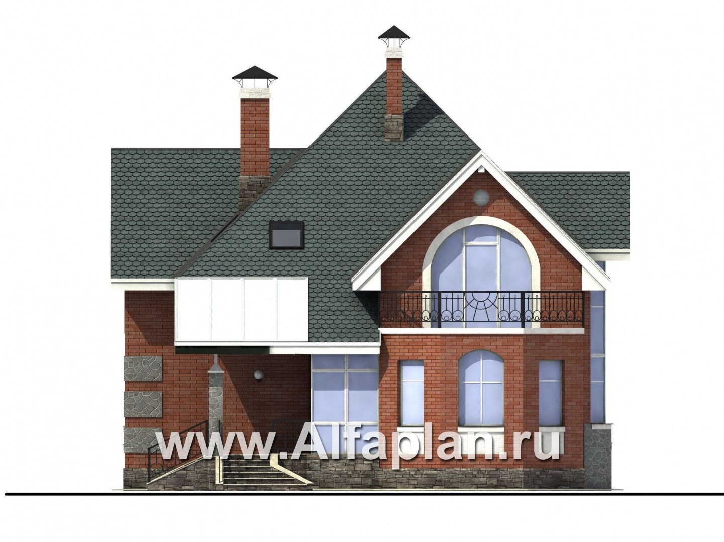Проекты домов Альфаплан - «Романтика» - проект загородного дома с полукруглой верандой - изображение фасада №1