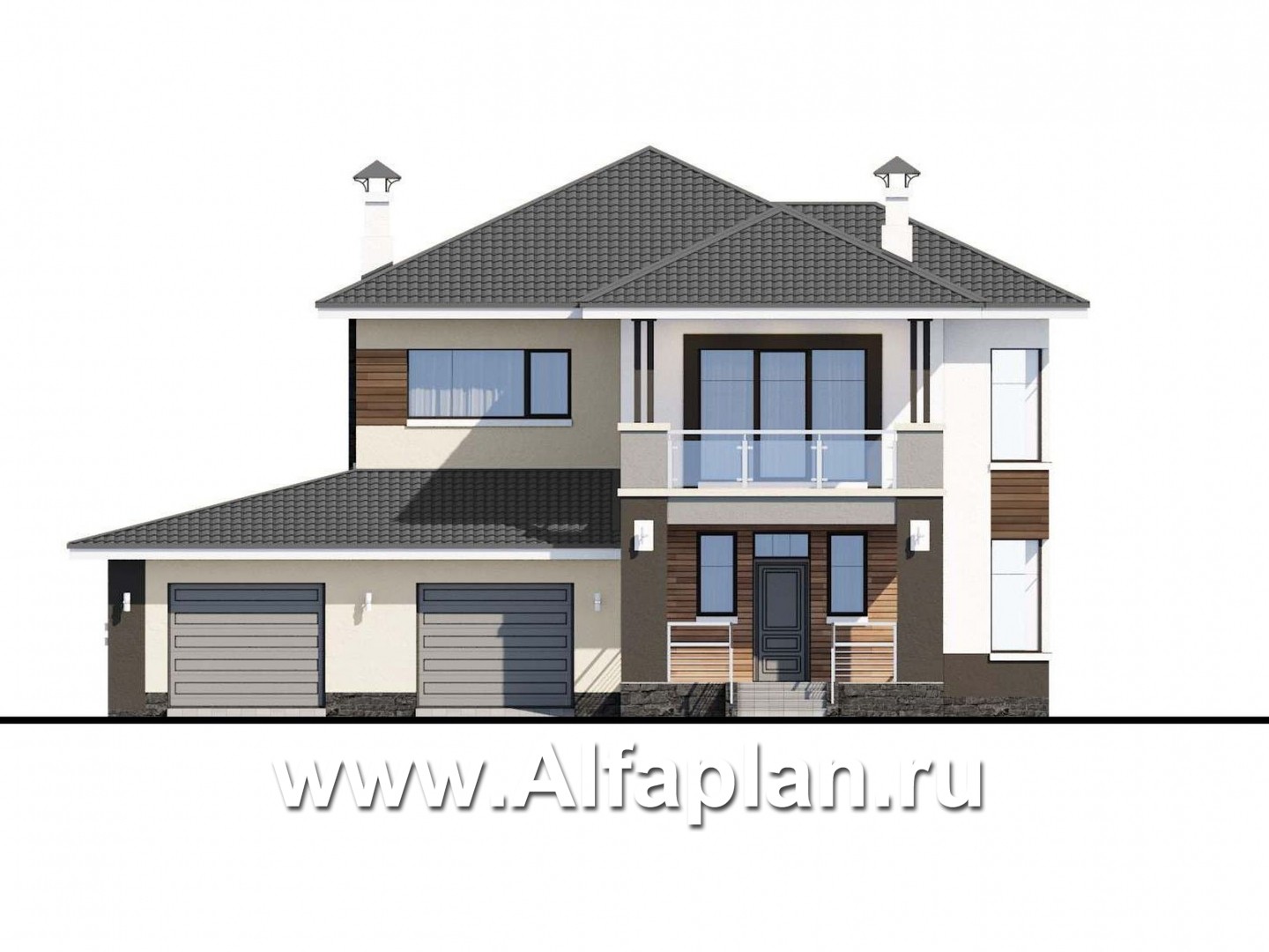 Проекты домов Альфаплан - Двухэтажный коттедж с гаражом и террасой - изображение фасада №1