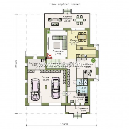 Проекты домов Альфаплан - Двухэтажный коттедж с гаражом и террасой - превью плана проекта №1