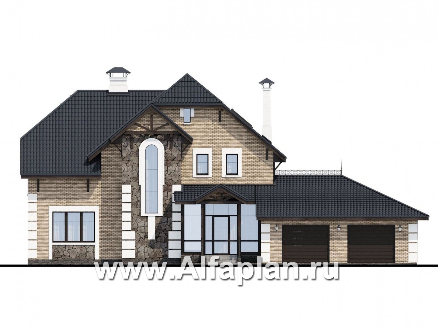 Проекты домов Альфаплан - «Ясная поляна» - проект двухэтажного дома для большой семьи с гаражом на два автомобиля - изображение фасада №1