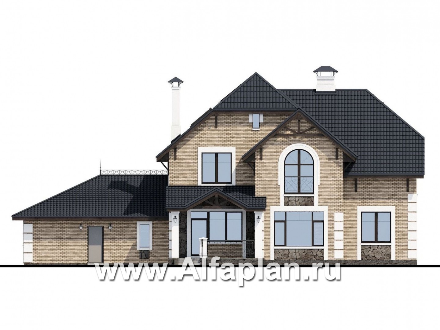 Проекты домов Альфаплан - «Ясная поляна» - проект двухэтажного дома для большой семьи с гаражом на два автомобиля - изображение фасада №4