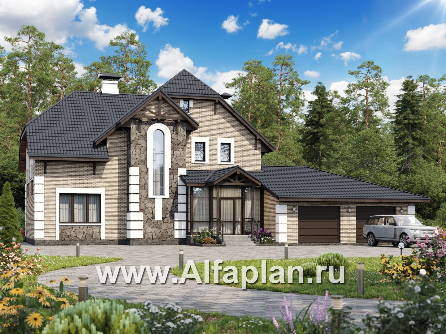 Проекты домов Альфаплан - «Ясная поляна» - проект двухэтажного дома для большой семьи с гаражом на два автомобиля - основное изображение