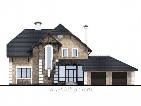 Проекты домов Альфаплан - «Ясная поляна» - проект двухэтажного дома для большой семьи с гаражом на два автомобиля - превью фасада №1