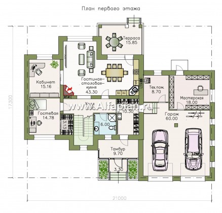 Проекты домов Альфаплан - «Ясная поляна» - проект двухэтажного дома для большой семьи с гаражом на два автомобиля - превью плана проекта №1