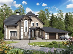 Проекты домов Альфаплан - «Ясная поляна» - проект двухэтажного дома для большой семьи с гаражом на два автомобиля - превью основного изображения