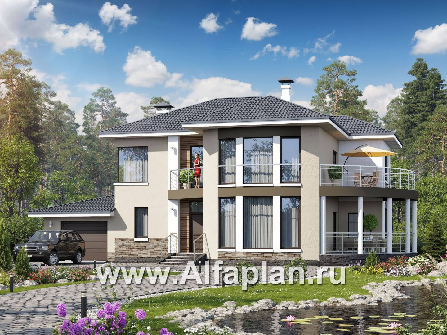 Проекты домов Альфаплан - «Меркурий» - стильный коттедж с большой террасой и балконом - основное изображение