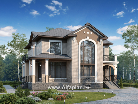 Проекты домов Альфаплан - «Голицын» - коттедж с двусветной гостиной и цоколем - превью основного изображения