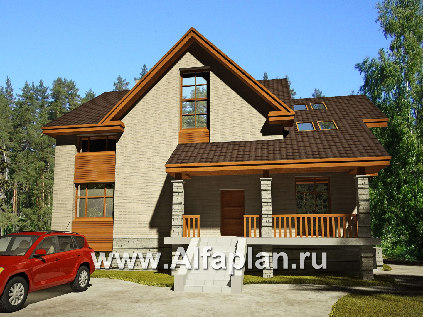 Проекты домов Альфаплан - Кирпичный коттедж с террасой барбекю - основное изображение
