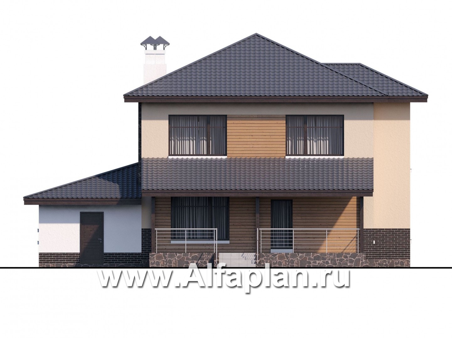 «Ирида» - проект двухэтажного дома с балконом и с террасой, планировка с кабинетом на 1 эт, с гаражом на 1 авто - фасад дома