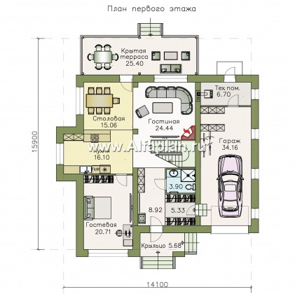 «Ирида» - проект двухэтажного дома с балконом и с террасой, планировка с кабинетом на 1 эт, с гаражом на 1 авто - превью план дома