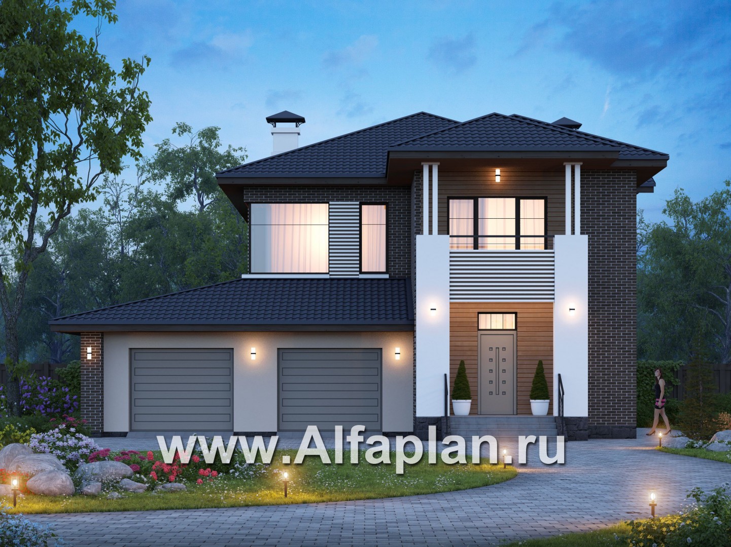 Проекты домов Альфаплан - «Новый поворот» - двухэтажный дом с гаражом с кабинет (только перегородки)ом на на 1 этажом - основное изображение
