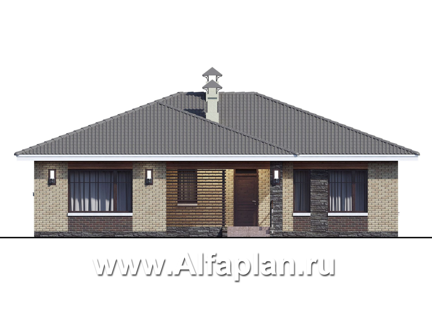 Проекты домов Альфаплан - «Вуокса» - проект одноэтажного дома из кирпича с комфортной планировкой - изображение фасада №1