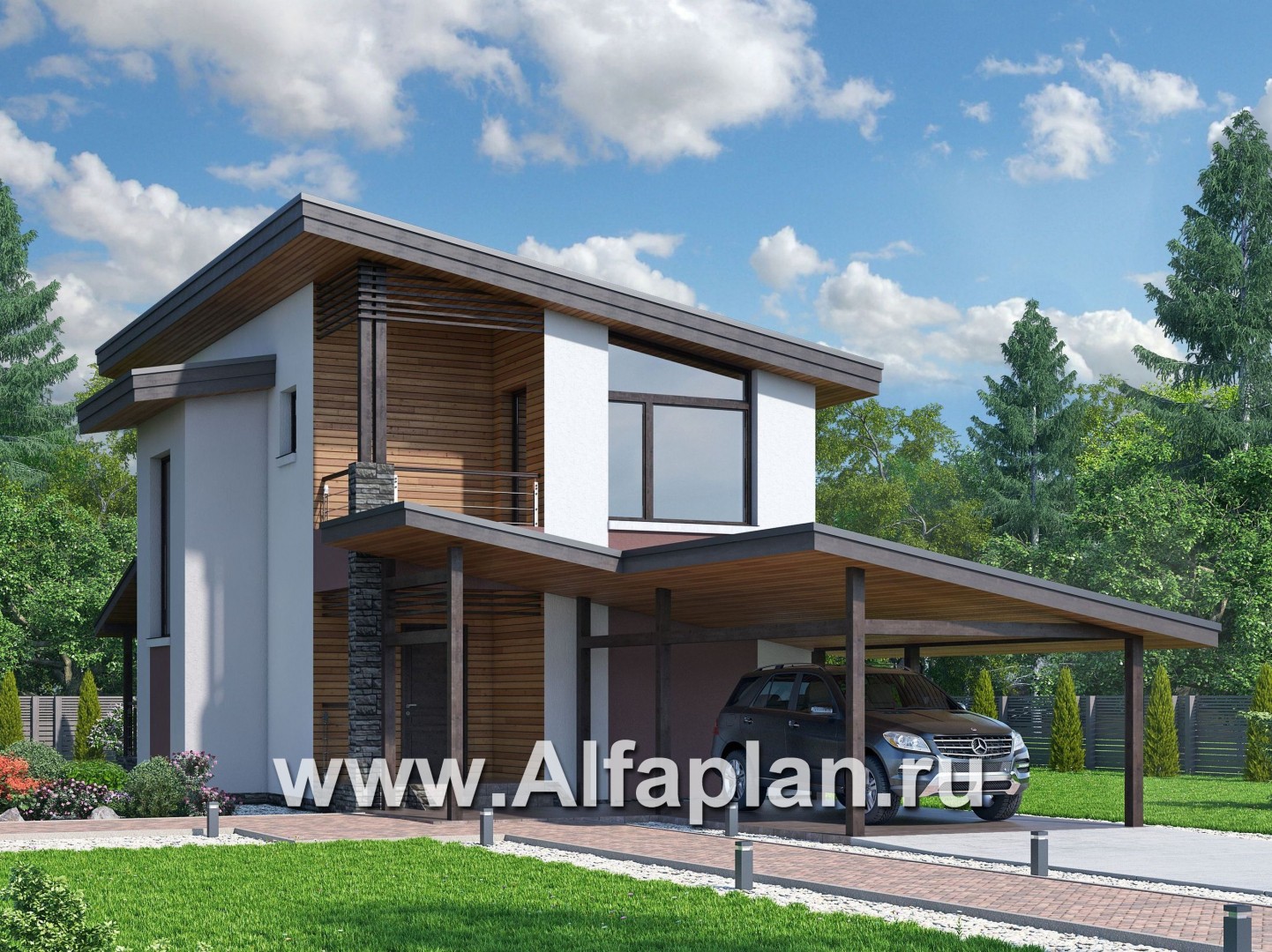 Проекты домов Альфаплан - «Арс» - дом --навесом для узкого участка - основное изображение