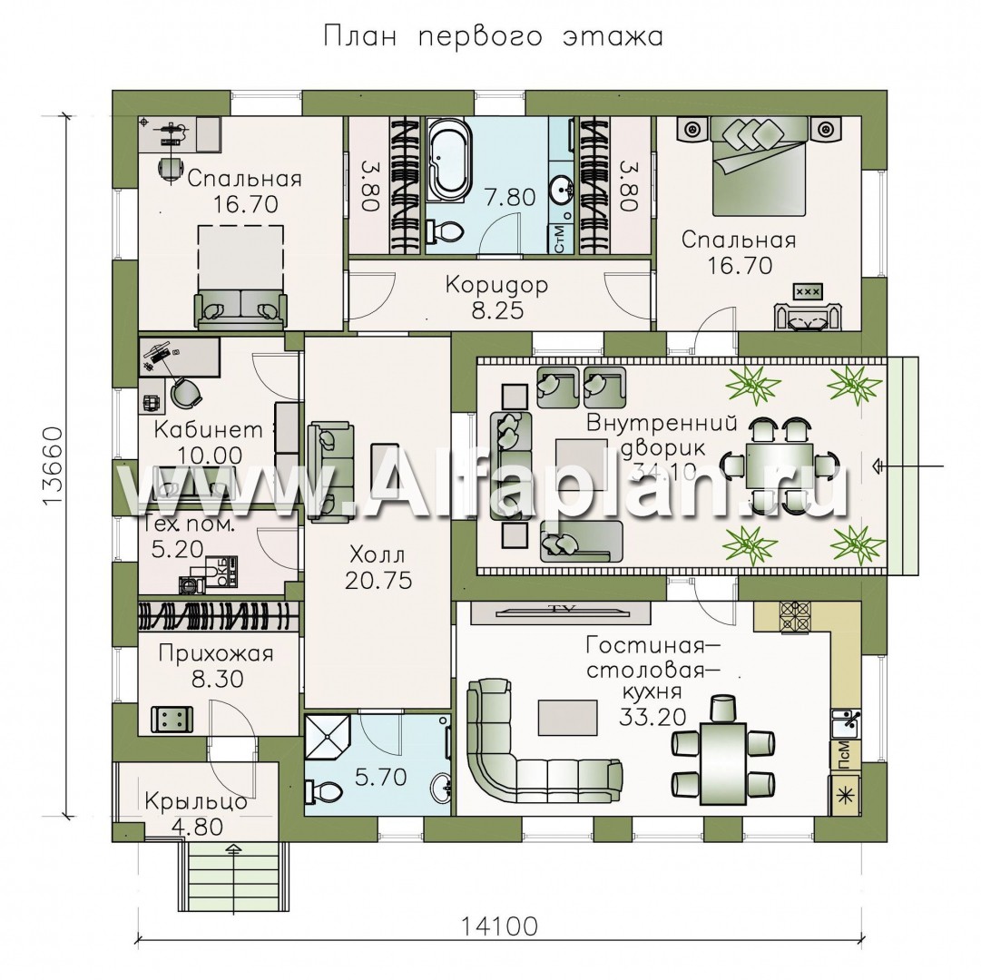 Проекты домов Альфаплан - "Атриум" - одноэтажный коттедж с внутренним двориком - план проекта №1