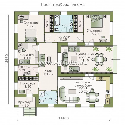 Проекты домов Альфаплан - "Атриум" - одноэтажный коттедж с внутренним двориком - превью плана проекта №1