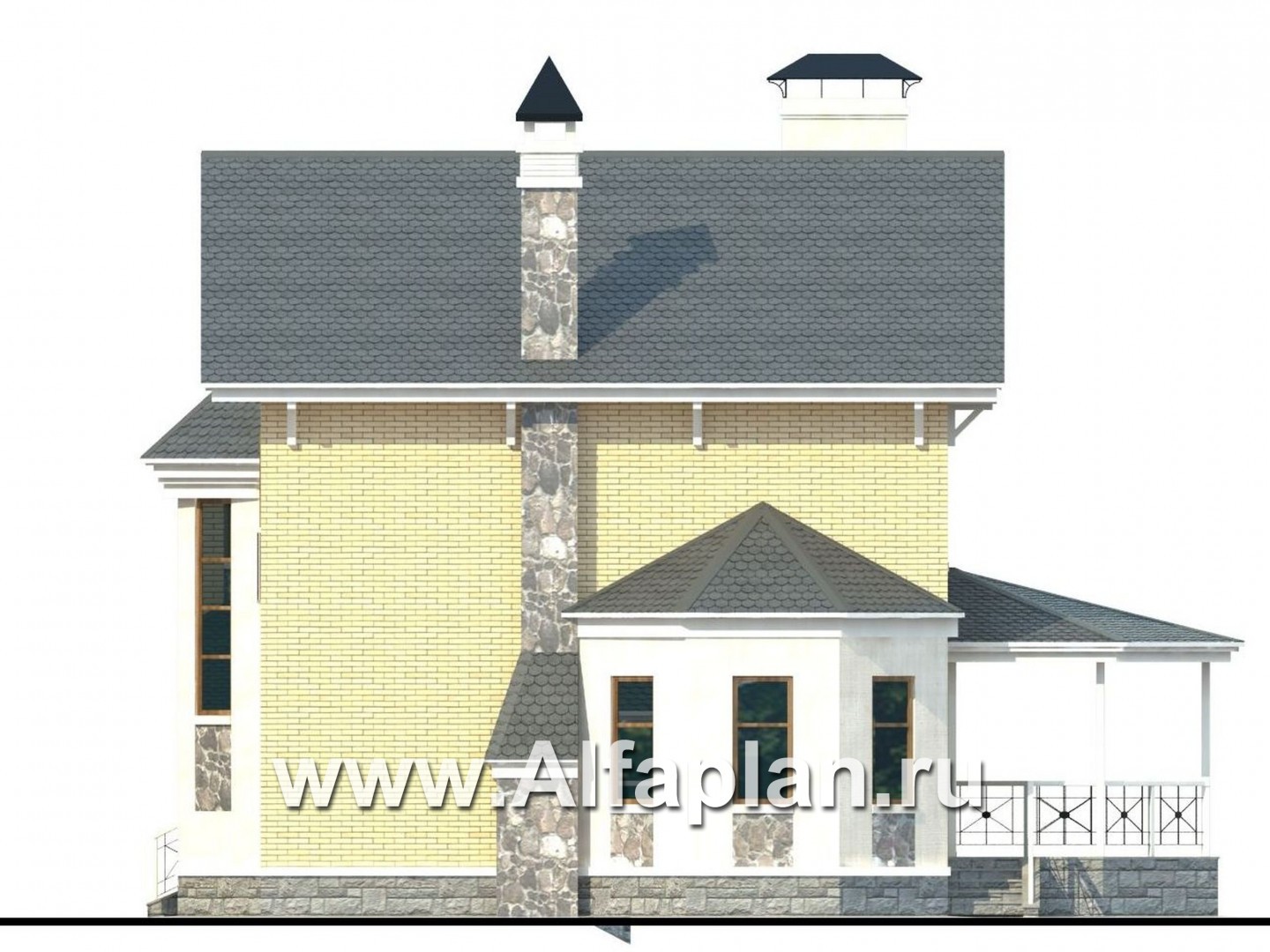 «Лидер» - проект двухэтажного дома, с эркером и с террасой, с навесом для авто - фасад дома