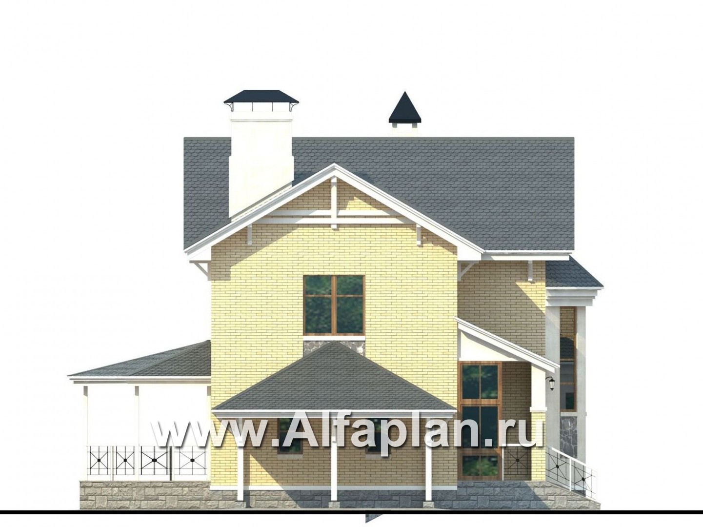 «Лидер» - проект двухэтажного дома, с эркером и с террасой, с навесом для авто - фасад дома